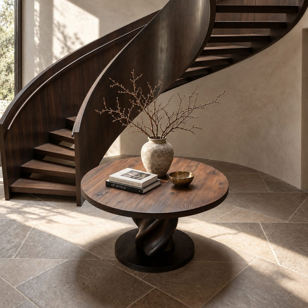 Round Entry Table with Rope Twist Pedestal on Wide Round Plinth, Statement Solid Wood Foyer Table