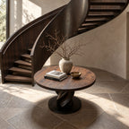 Round Entry Table with Rope Twist Pedestal on Wide Round Plinth, Statement Solid Wood Foyer Table