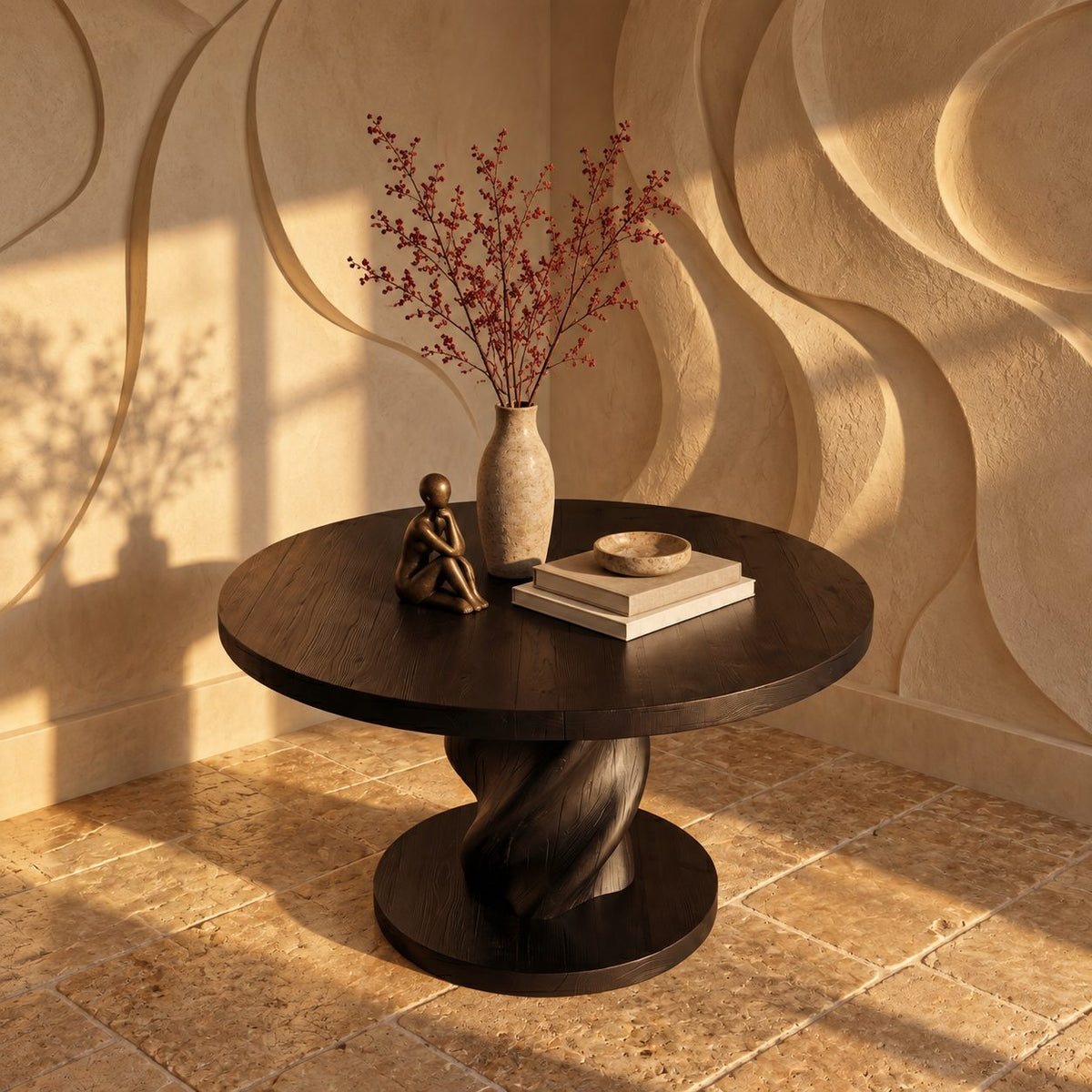 Round Entry Table with Rope Twist Pedestal on Wide Round Plinth, Statement Solid Wood Foyer Table