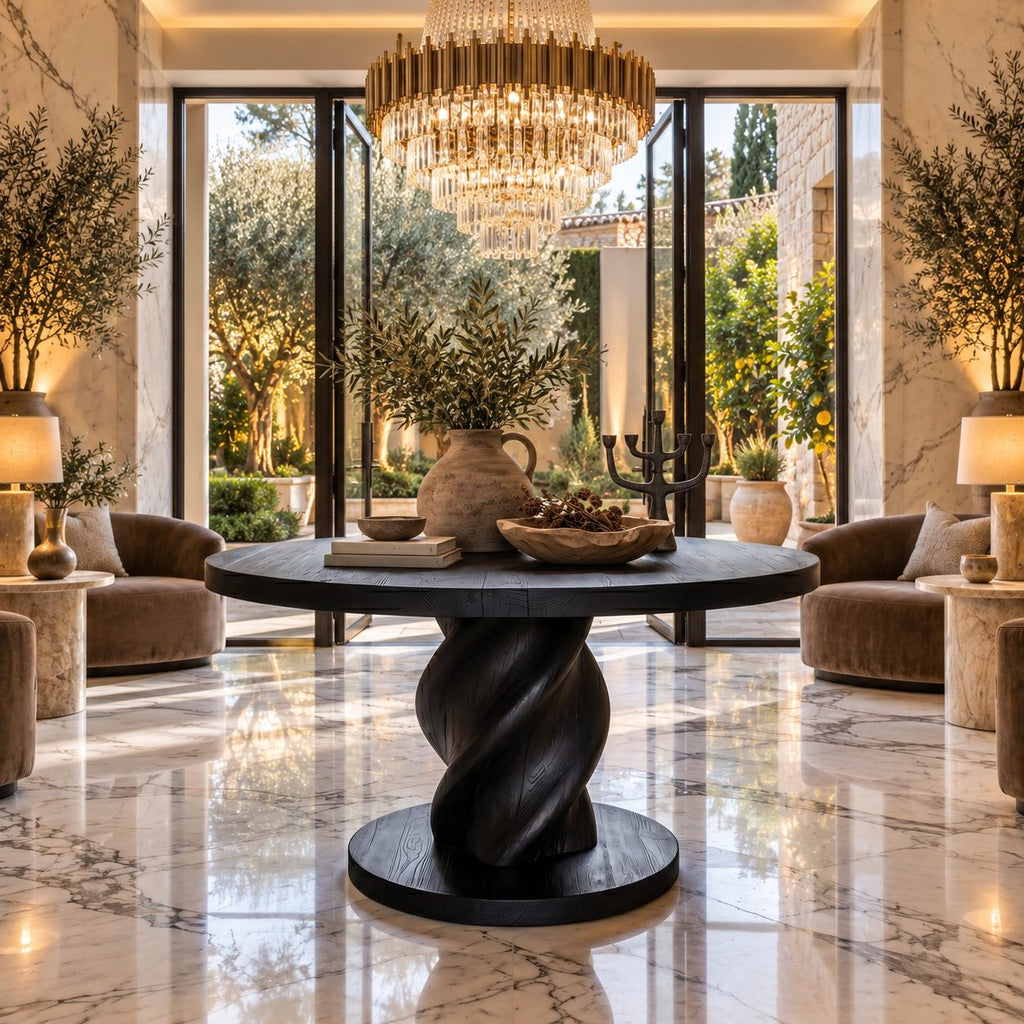 Round Entry Table with Rope Twist Pedestal on Wide Round Plinth, Statement Solid Wood Foyer Table