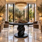 Round Entry Table with Rope Twist Pedestal on Wide Round Plinth, Statement Solid Wood Foyer Table