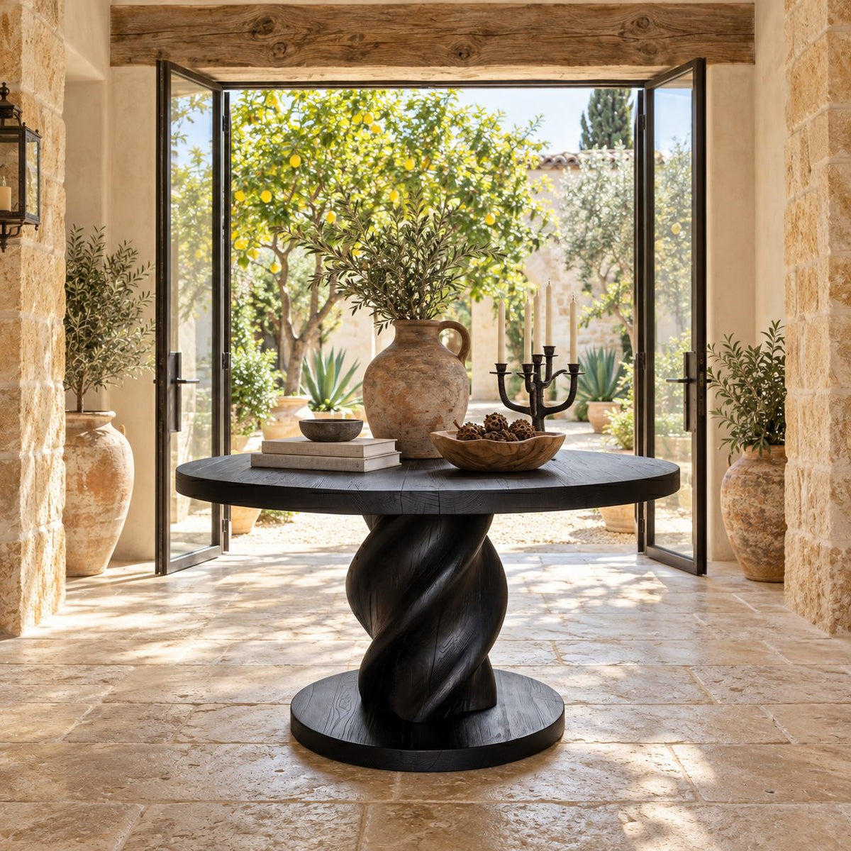 Round Entry Table with Rope Twist Pedestal on Wide Round Plinth, Statement Solid Wood Foyer Table