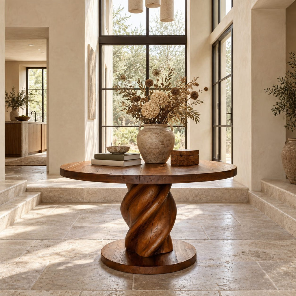 Round Entry Table with Rope Twist Pedestal on Wide Round Plinth, Statement Solid Wood Foyer Table