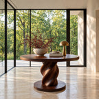 Round Entry Table with Rope Twist Pedestal on Wide Round Plinth, Statement Solid Wood Foyer Table