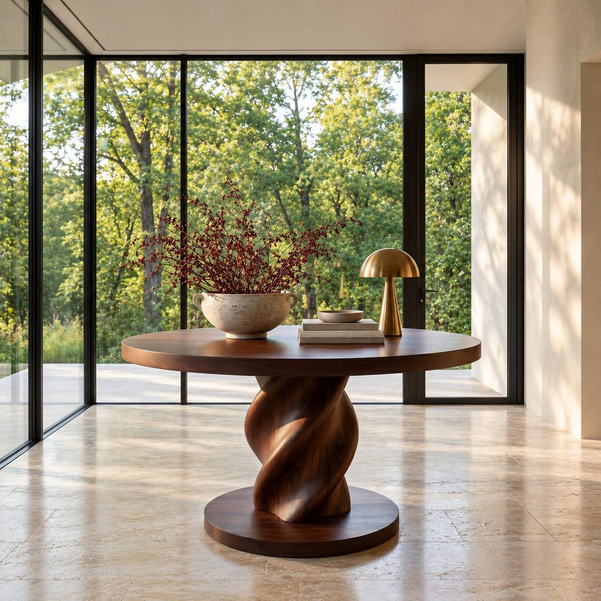 Round Entry Table with Rope Twist Pedestal on Wide Round Plinth, Statement Solid Wood Foyer Table