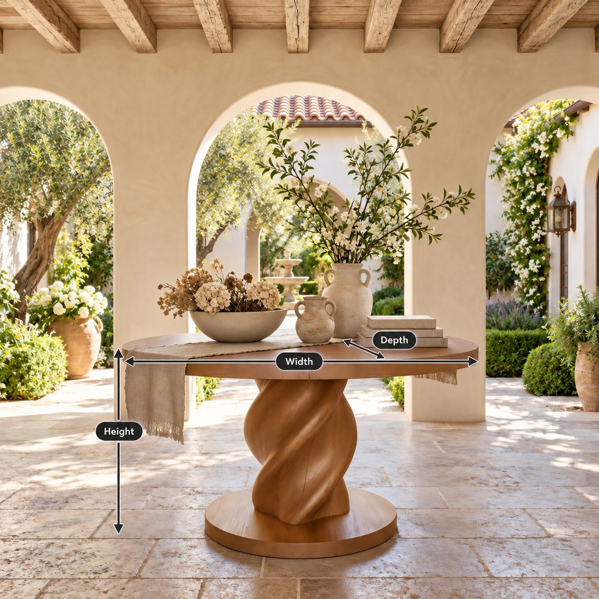 Round Entry Table with Rope Twist Pedestal on Wide Round Plinth, Statement Solid Wood Foyer Table