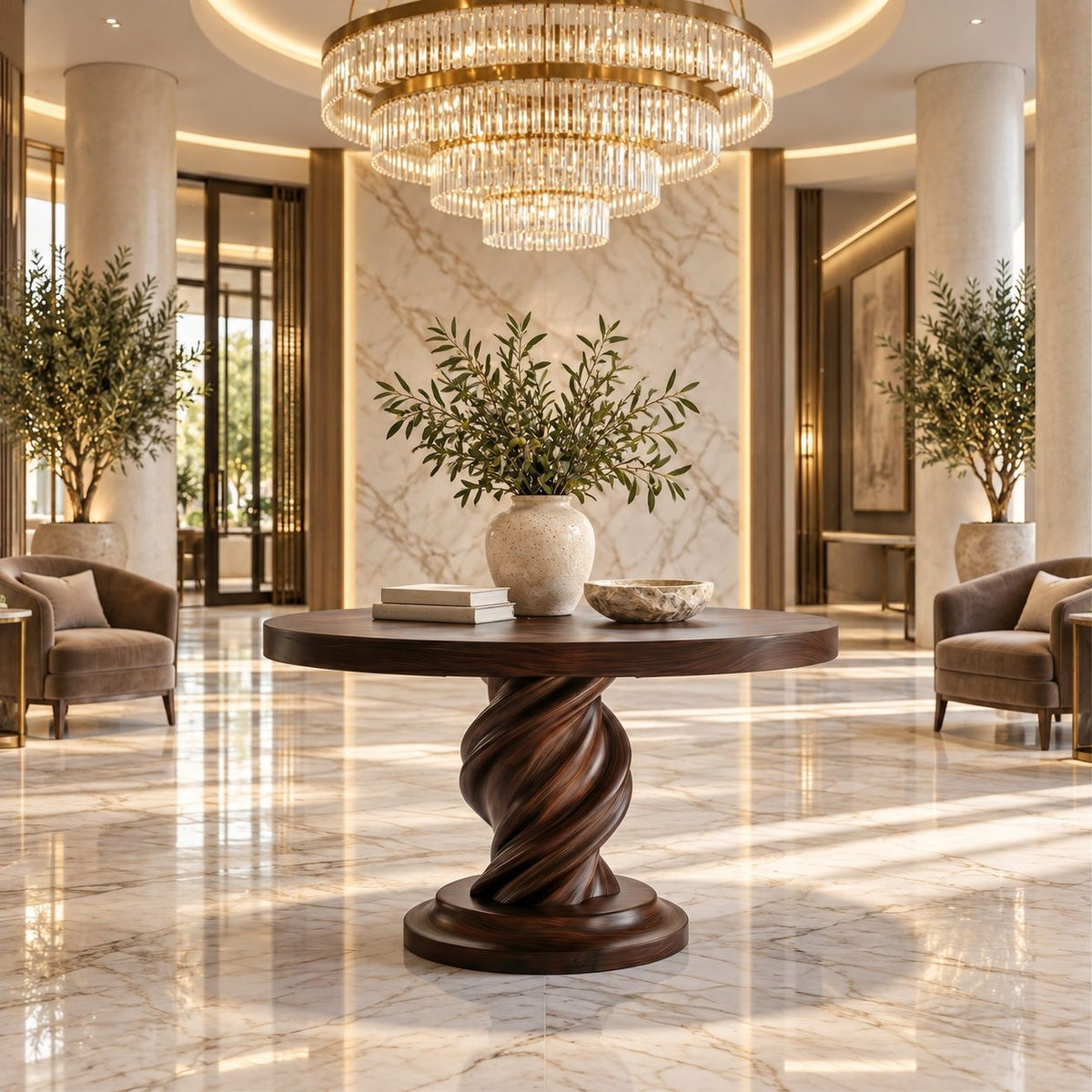 Spiral Round Foyer Table with Twisted Pedestal and Stepped Round Base, Luxury Solid Wood Lobby Table