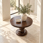 Spiral Round Foyer Table with Twisted Pedestal and Stepped Round Base, Luxury Solid Wood Lobby Table