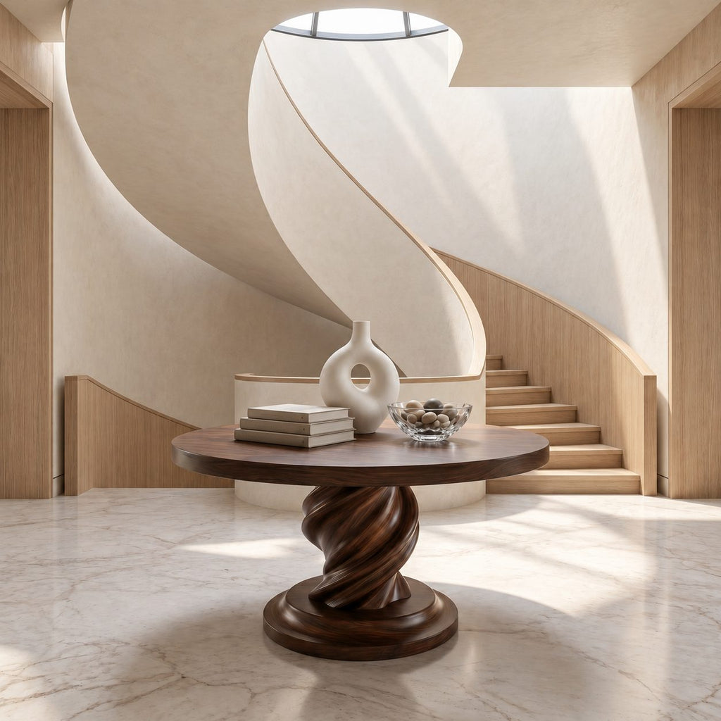 Spiral Round Foyer Table with Twisted Pedestal and Stepped Round Base, Luxury Solid Wood Lobby Table