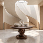Spiral Round Foyer Table with Twisted Pedestal and Stepped Round Base, Luxury Solid Wood Lobby Table