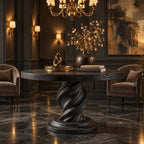 Spiral Round Foyer Table with Twisted Pedestal and Stepped Round Base, Luxury Solid Wood Lobby Table