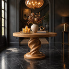 Spiral Round Foyer Table with Twisted Pedestal and Stepped Round Base, Luxury Solid Wood Lobby Table