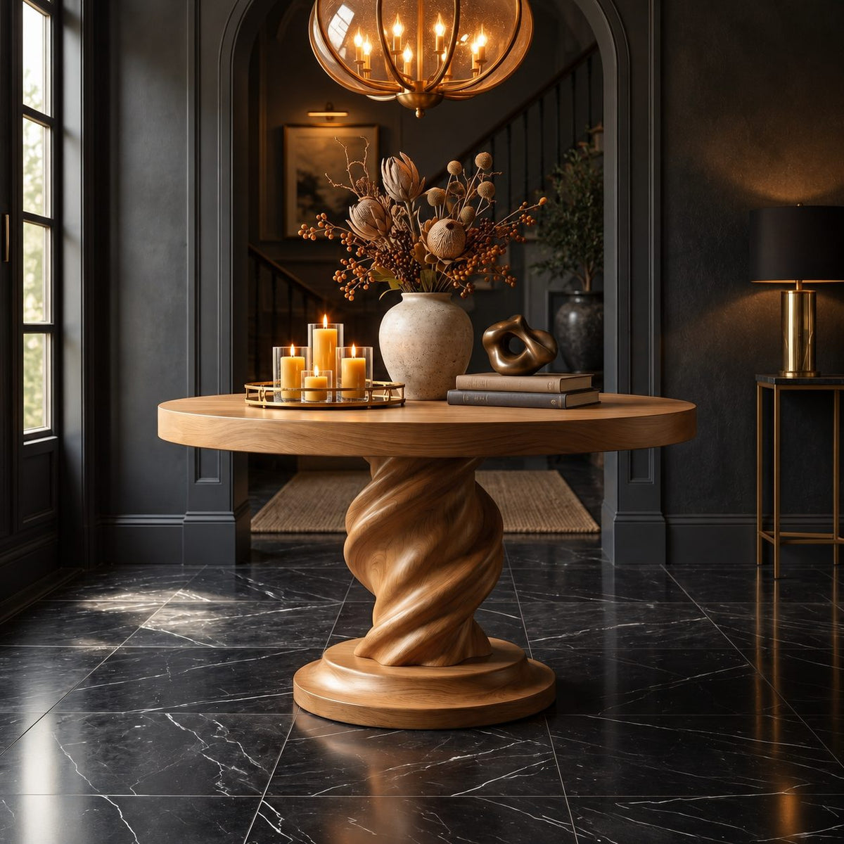Spiral Round Foyer Table with Twisted Pedestal and Stepped Round Base, Luxury Solid Wood Lobby Table