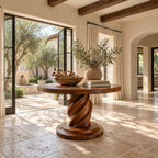 Spiral Round Foyer Table with Twisted Pedestal and Stepped Round Base, Luxury Solid Wood Lobby Table