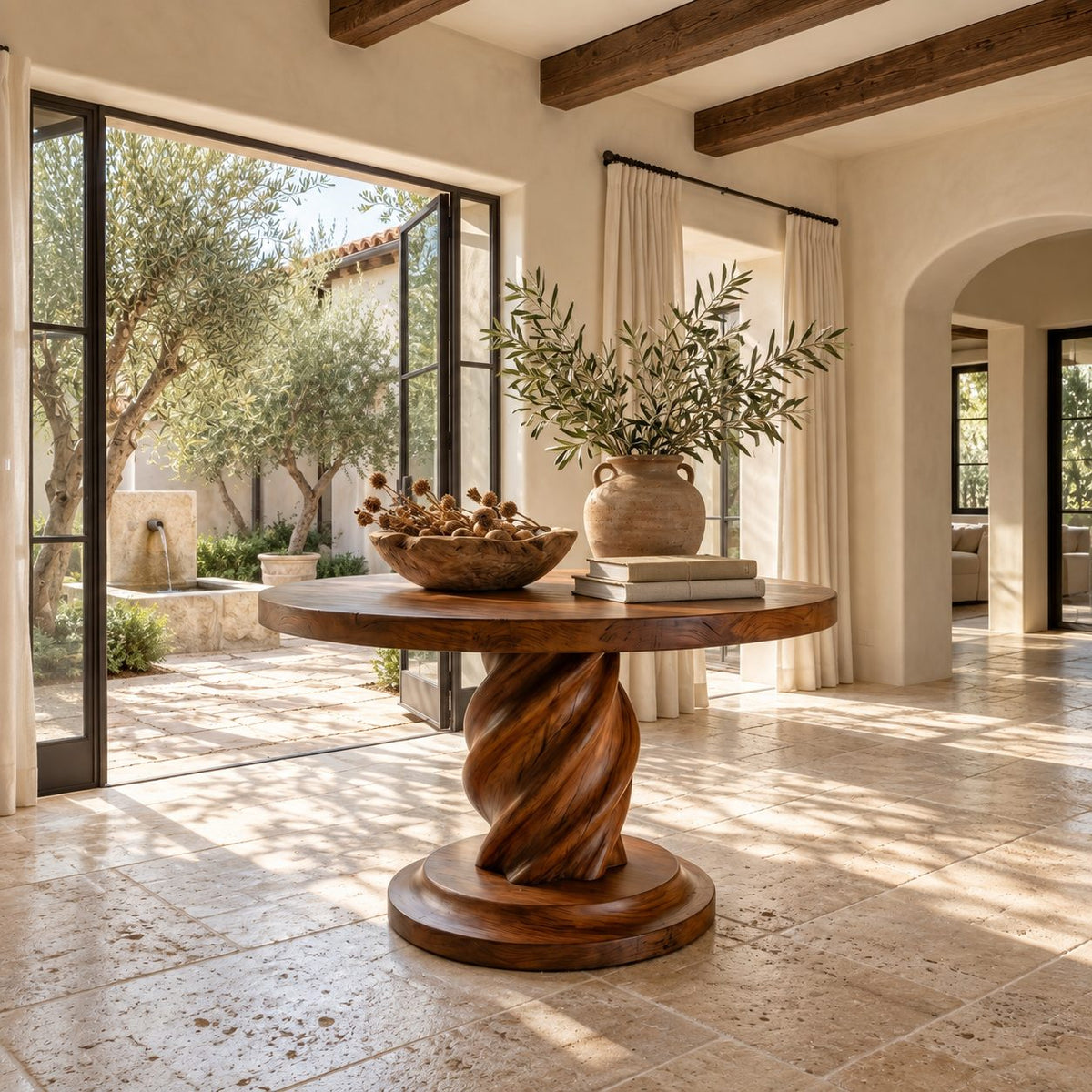 Spiral Round Foyer Table with Twisted Pedestal and Stepped Round Base, Luxury Solid Wood Lobby Table