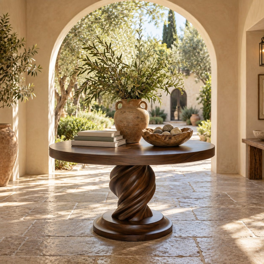 Spiral Round Foyer Table with Twisted Pedestal and Stepped Round Base, Luxury Solid Wood Lobby Table