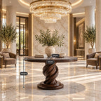 Spiral Round Foyer Table with Twisted Pedestal and Stepped Round Base, Luxury Solid Wood Lobby Table
