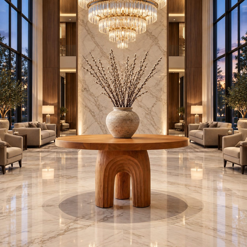 Round Foyer Table with Carved Arch Pedestal Base, Art Deco Solid Wood Entryway Table for Lobby