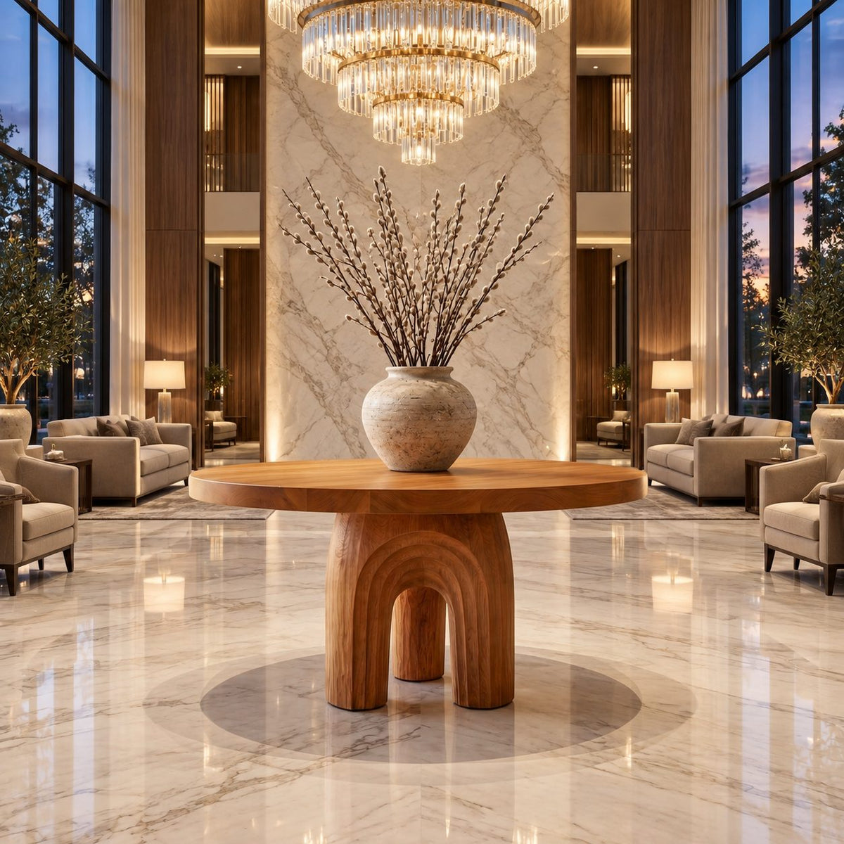 Round Foyer Table with Carved Arch Pedestal Base, Art Deco Solid Wood Entryway Table for Lobby