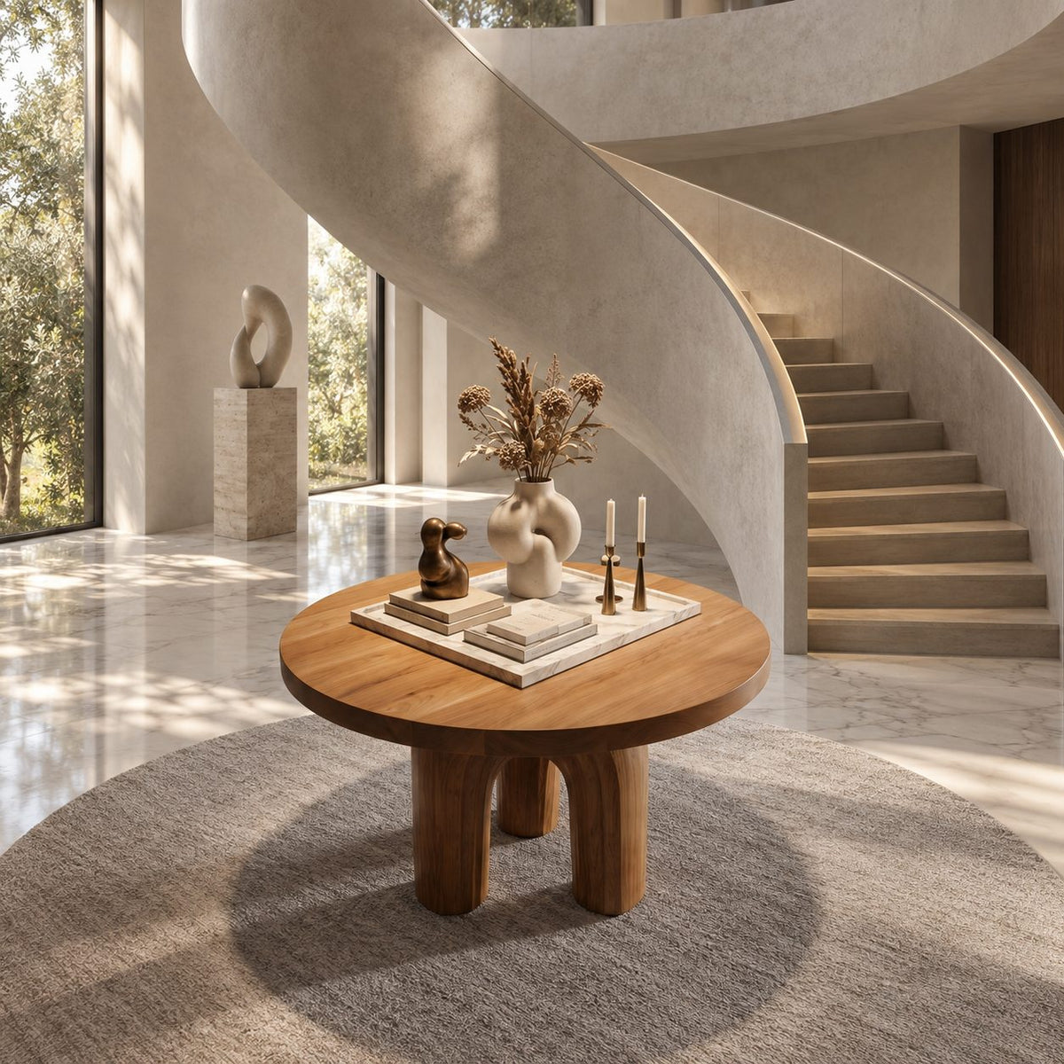Round Foyer Table with Carved Arch Pedestal Base, Art Deco Solid Wood Entryway Table for Lobby