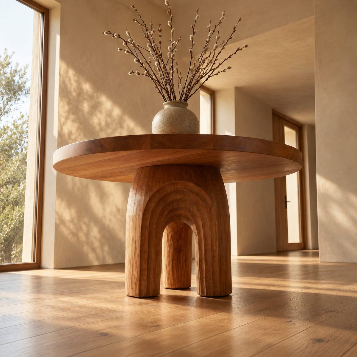 Round Foyer Table with Carved Arch Pedestal Base, Art Deco Solid Wood Entryway Table for Lobby