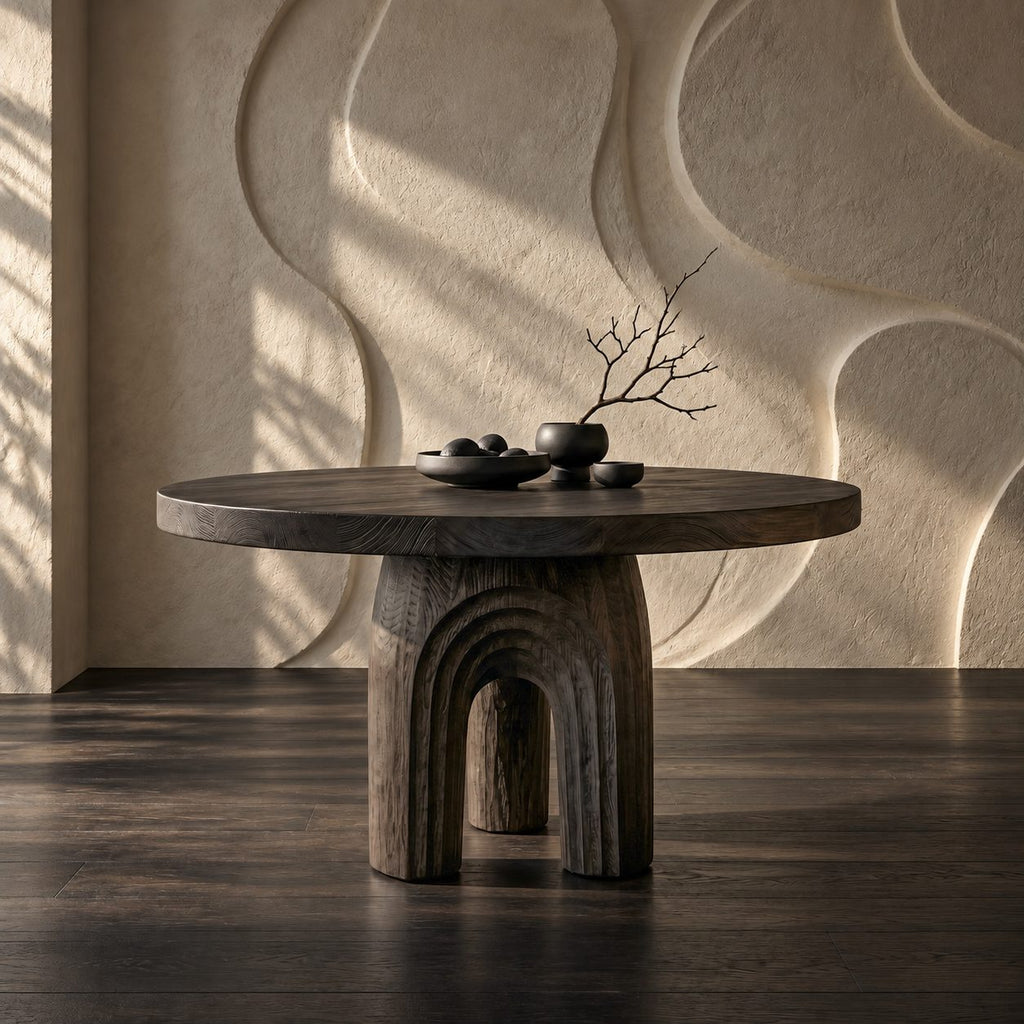 Round Foyer Table with Carved Arch Pedestal Base, Art Deco Solid Wood Entryway Table for Lobby