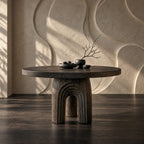 Round Foyer Table with Carved Arch Pedestal Base, Art Deco Solid Wood Entryway Table for Lobby