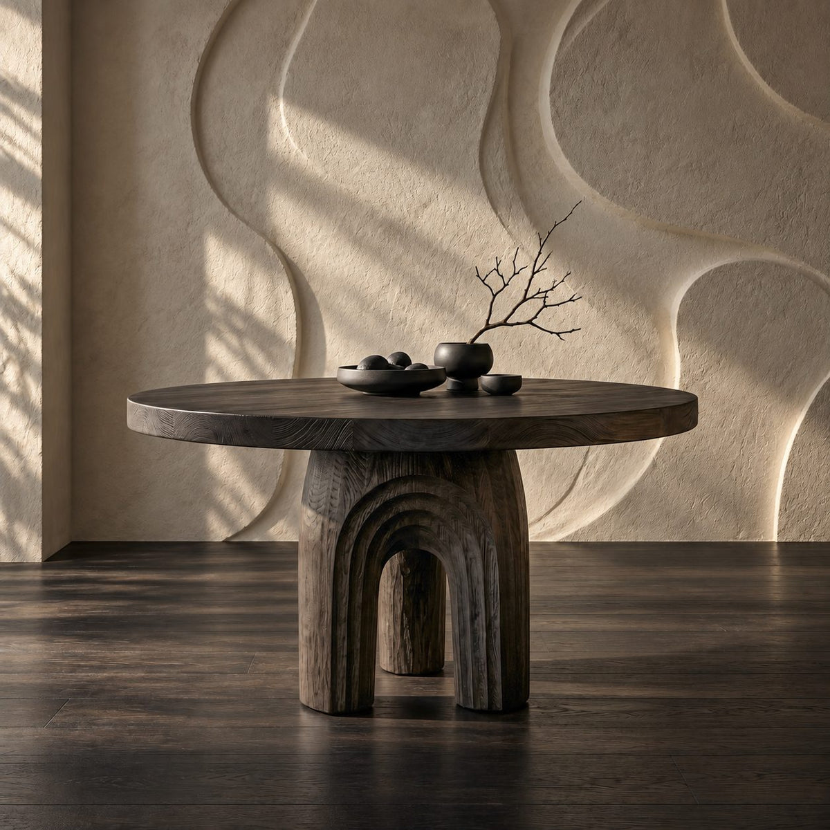 Round Foyer Table with Carved Arch Pedestal Base, Art Deco Solid Wood Entryway Table for Lobby