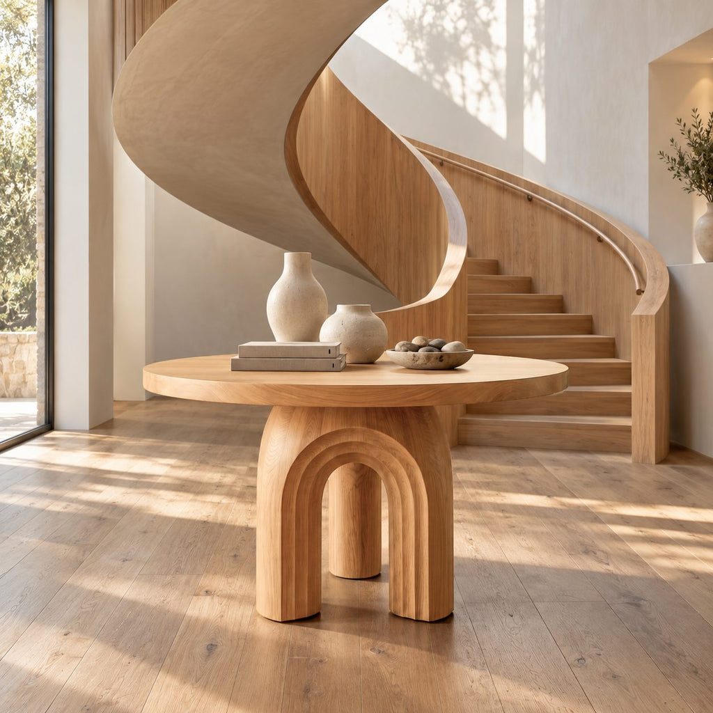 Round Foyer Table with Carved Arch Pedestal Base, Art Deco Solid Wood Entryway Table for Lobby