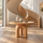 Round Foyer Table with Carved Arch Pedestal Base, Art Deco Solid Wood Entryway Table for Lobby