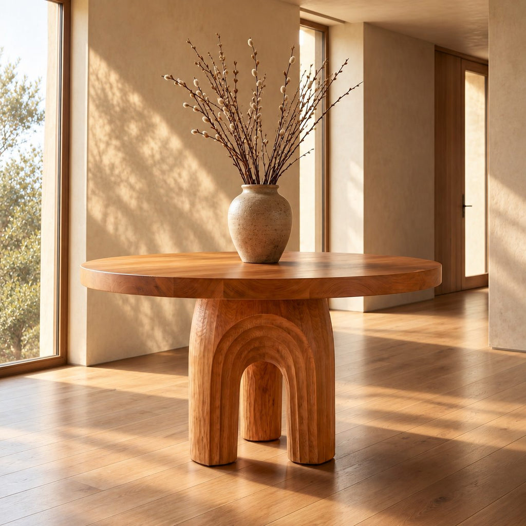 Round Foyer Table with Carved Arch Pedestal Base, Art Deco Solid Wood Entryway Table for Lobby
