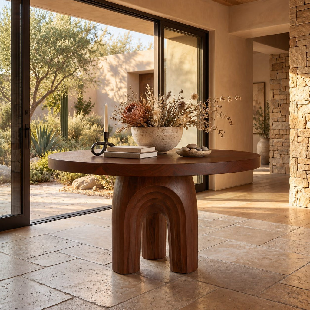 Round Foyer Table with Carved Arch Pedestal Base, Art Deco Solid Wood Entryway Table for Lobby