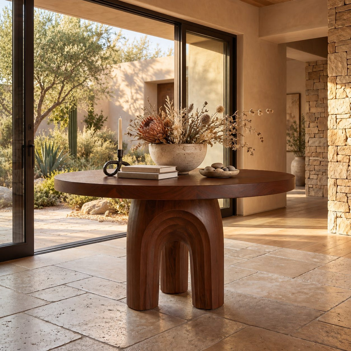 Round Foyer Table with Carved Arch Pedestal Base, Art Deco Solid Wood Entryway Table for Lobby