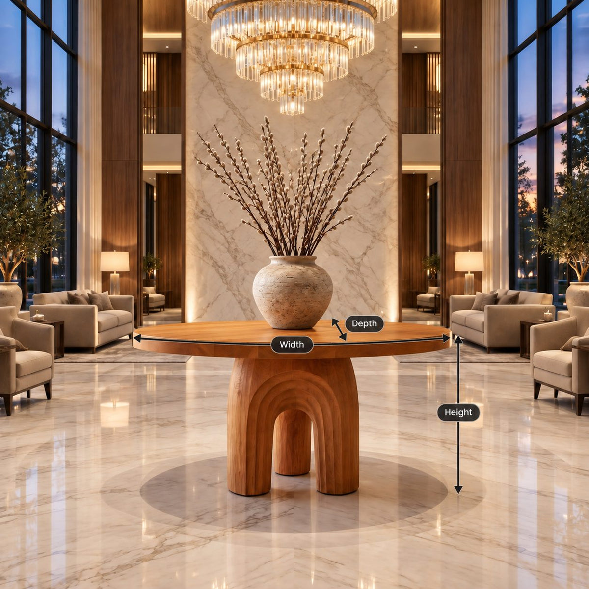 Round Foyer Table with Carved Arch Pedestal Base, Art Deco Solid Wood Entryway Table for Lobby