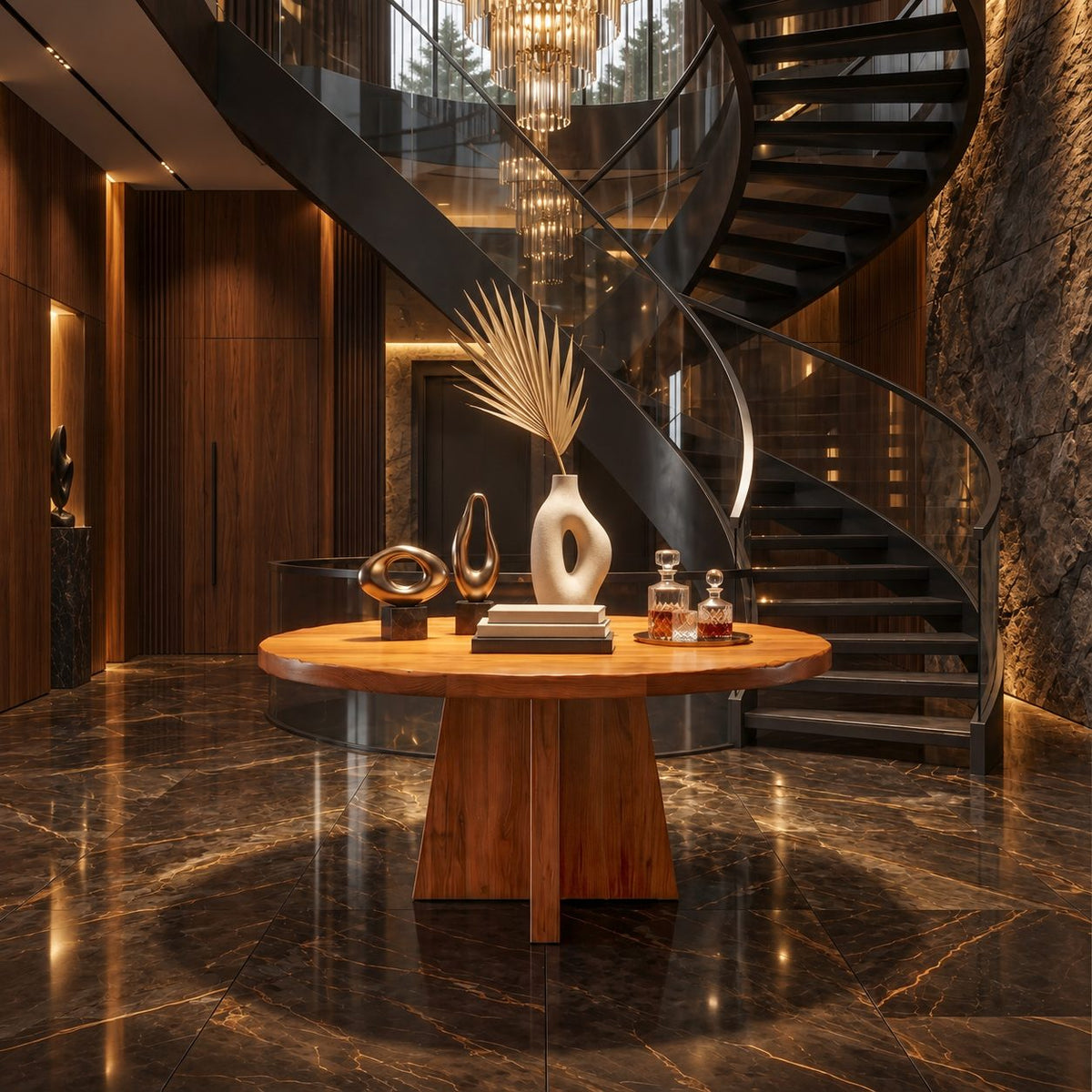 Round Pedestal Foyer Table with Cross Fin Base, Architectural Solid Wood Entryway Table for Hallway