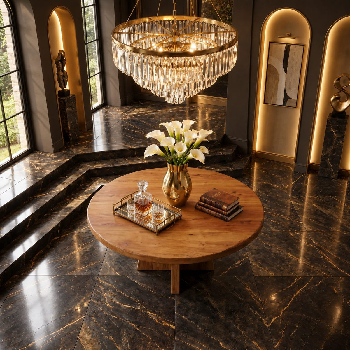 Round Pedestal Foyer Table with Cross Fin Base, Architectural Solid Wood Entryway Table for Hallway