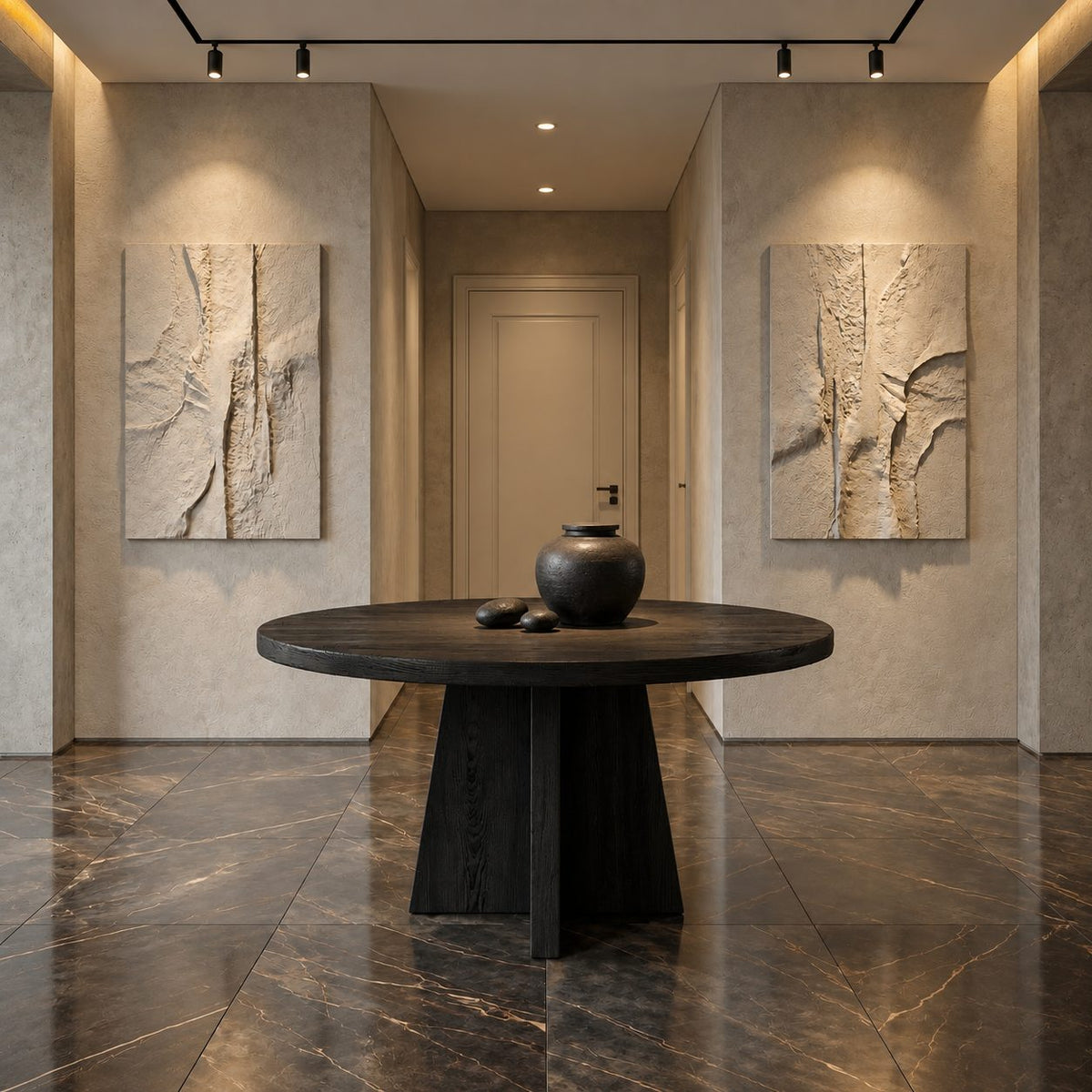 Round Pedestal Foyer Table with Cross Fin Base, Architectural Solid Wood Entryway Table for Hallway