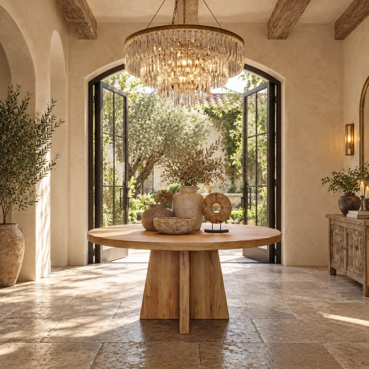 Round Pedestal Foyer Table with Cross Fin Base, Architectural Solid Wood Entryway Table for Hallway