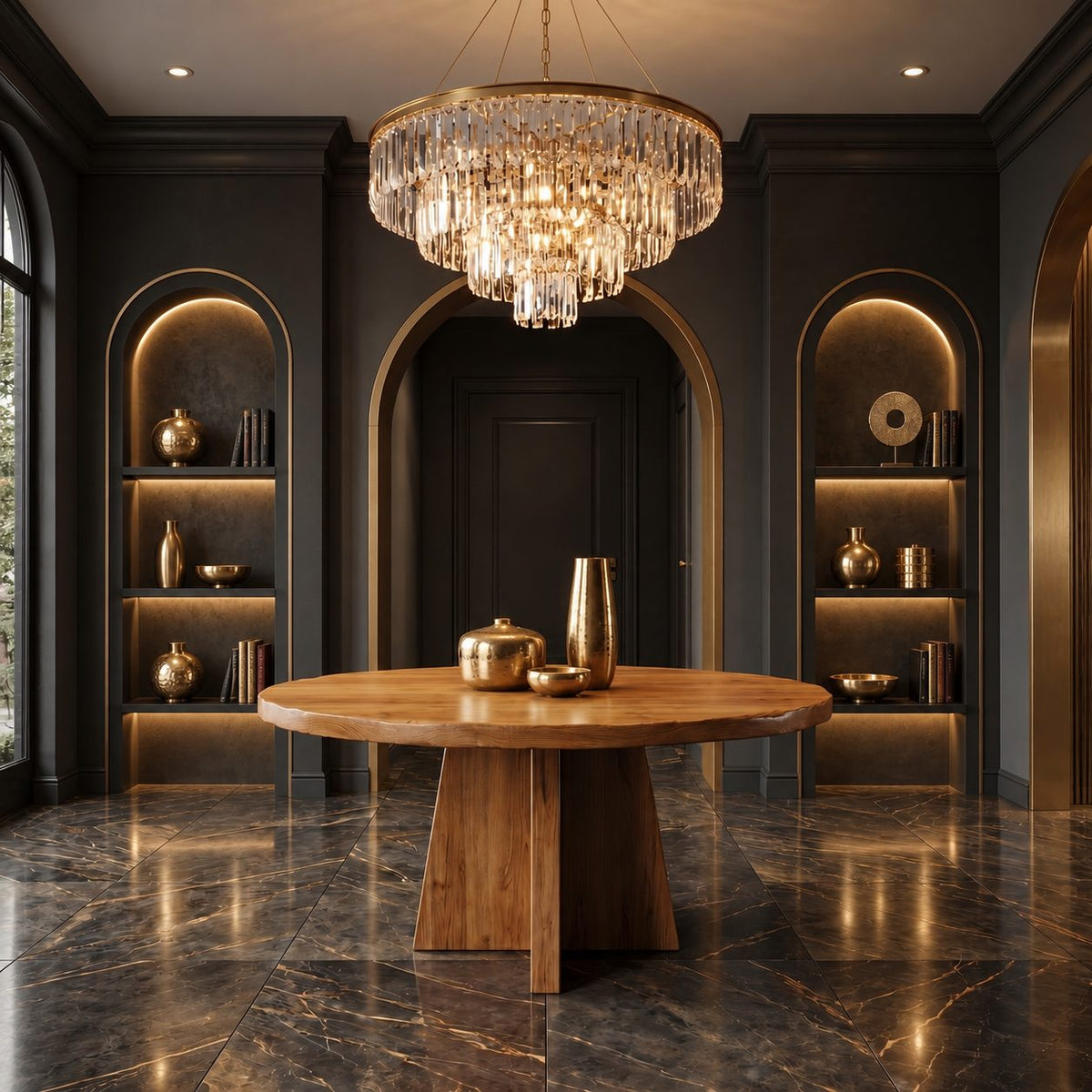 Round Pedestal Foyer Table with Cross Fin Base, Architectural Solid Wood Entryway Table for Hallway