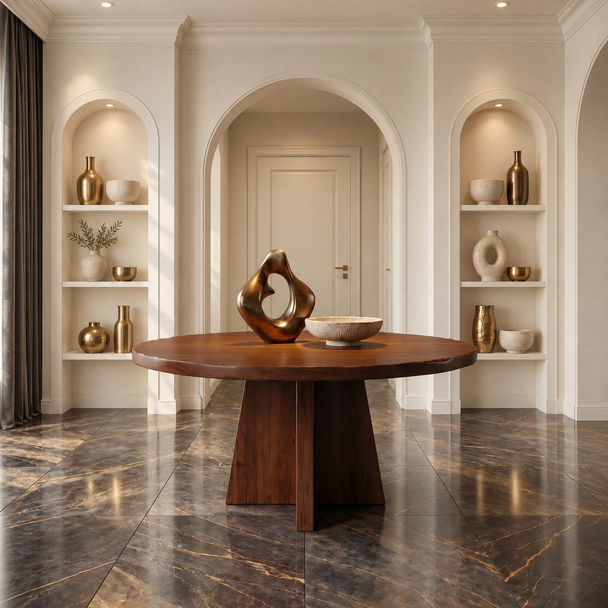 Round Pedestal Foyer Table with Cross Fin Base, Architectural Solid Wood Entryway Table for Hallway
