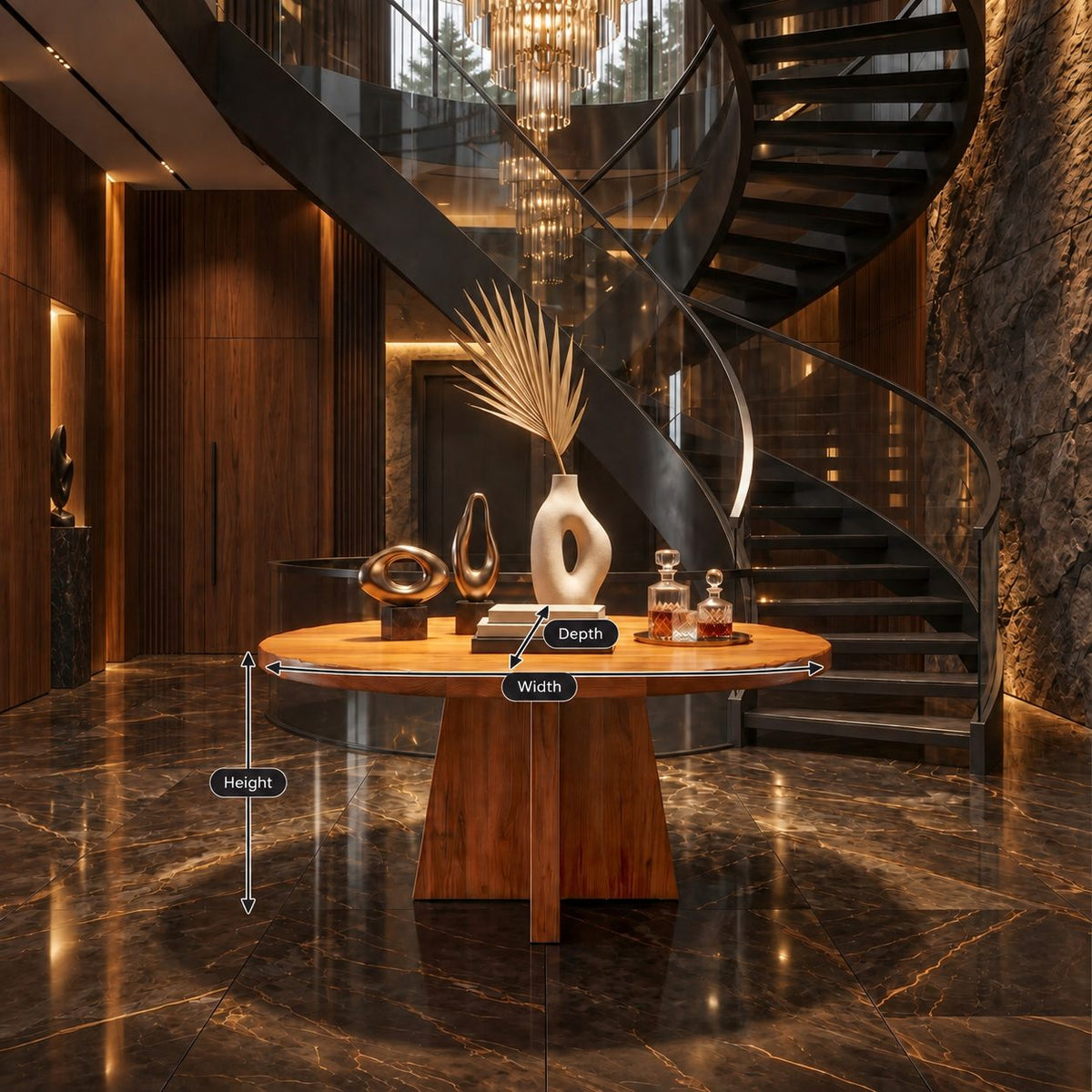 Round Pedestal Foyer Table with Cross Fin Base, Architectural Solid Wood Entryway Table for Hallway