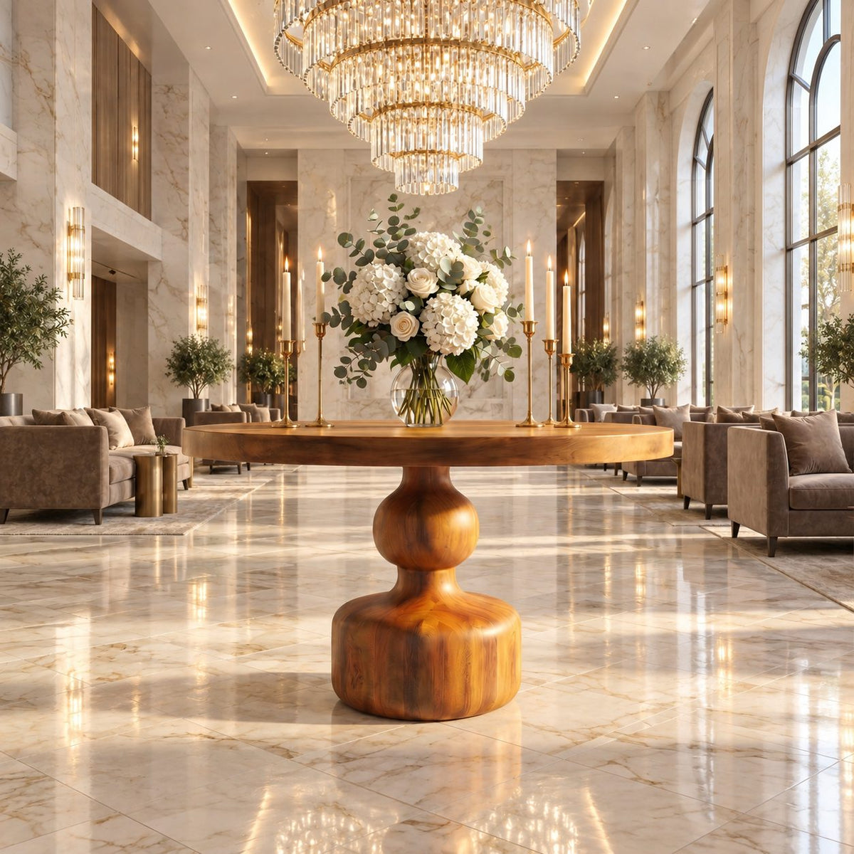 Round Center Hall Table with Turned Gourd Pedestal, Rustic Solid Wood Foyer Accent Table for Entry