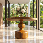 Round Center Hall Table with Turned Gourd Pedestal, Rustic Solid Wood Foyer Accent Table for Entry