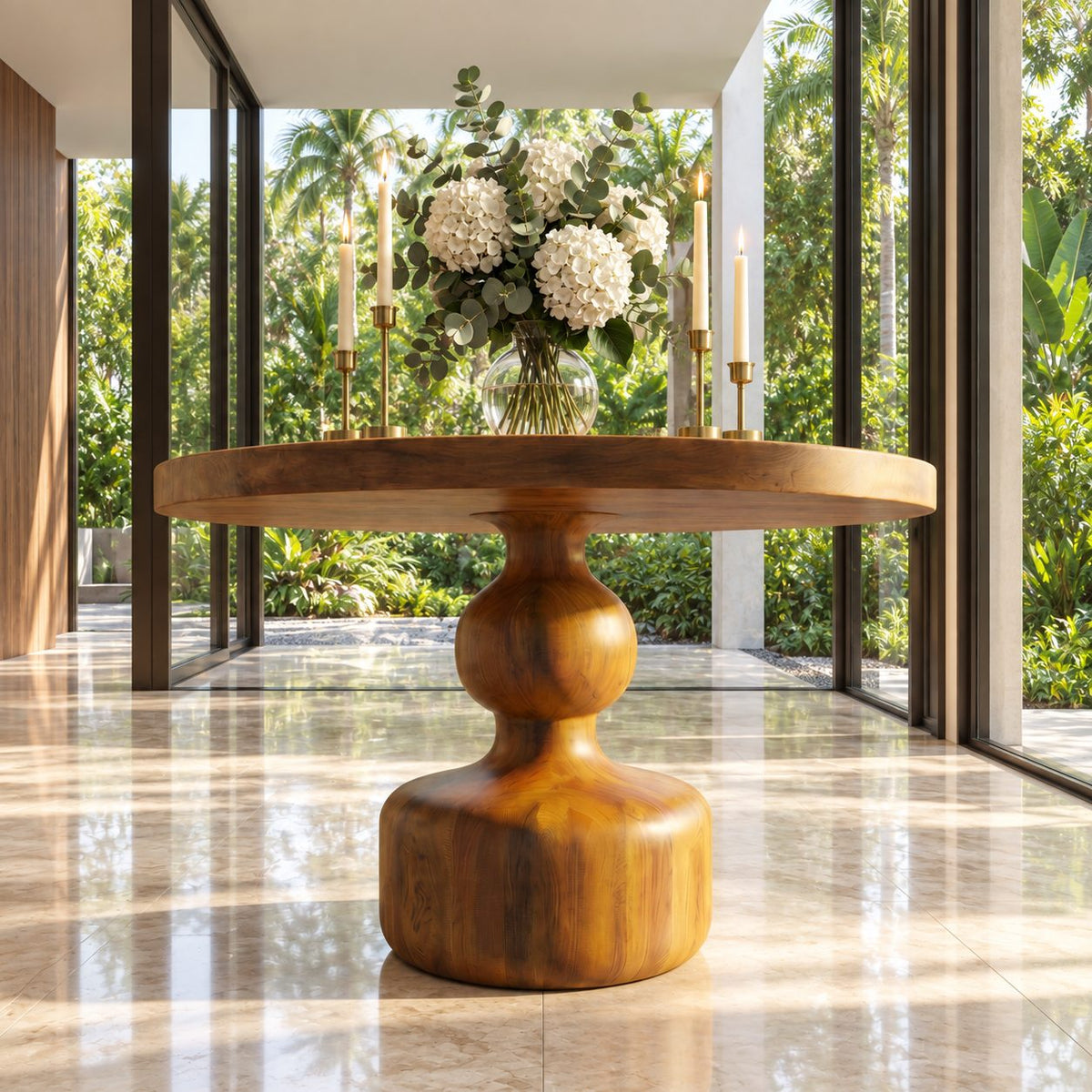 Round Center Hall Table with Turned Gourd Pedestal, Rustic Solid Wood Foyer Accent Table for Entry