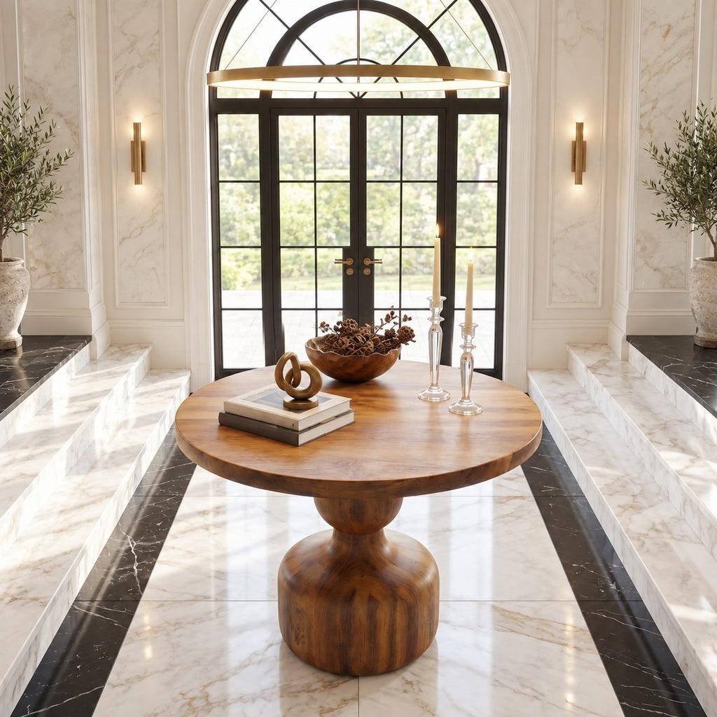 Round Center Hall Table with Turned Gourd Pedestal, Rustic Solid Wood Foyer Accent Table for Entry