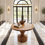 Round Center Hall Table with Turned Gourd Pedestal, Rustic Solid Wood Foyer Accent Table for Entry