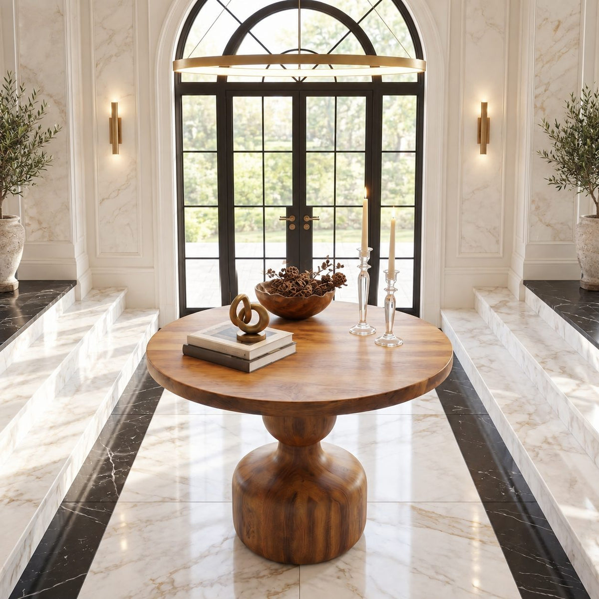 Round Center Hall Table with Turned Gourd Pedestal, Rustic Solid Wood Foyer Accent Table for Entry