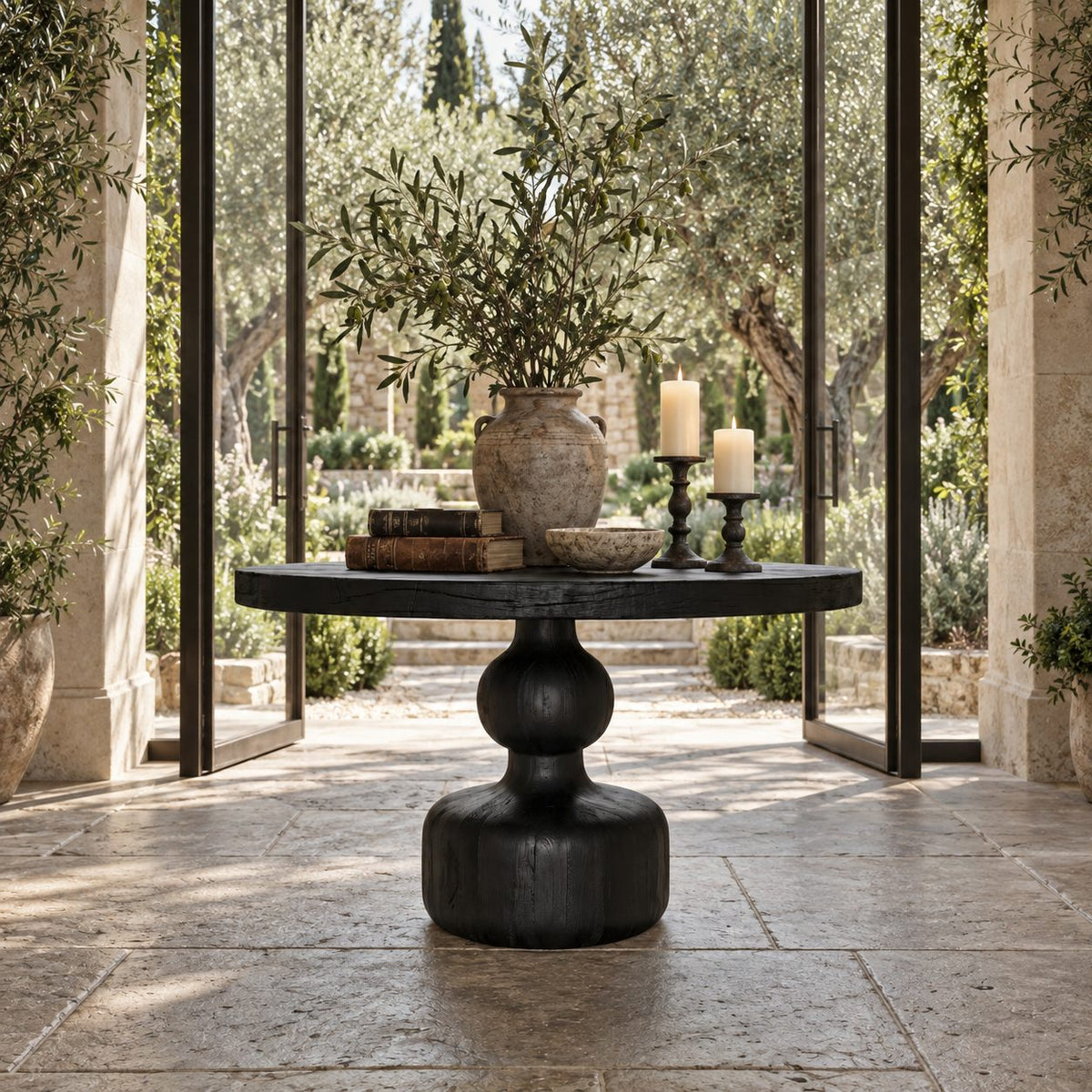 Round Center Hall Table with Turned Gourd Pedestal, Rustic Solid Wood Foyer Accent Table for Entry