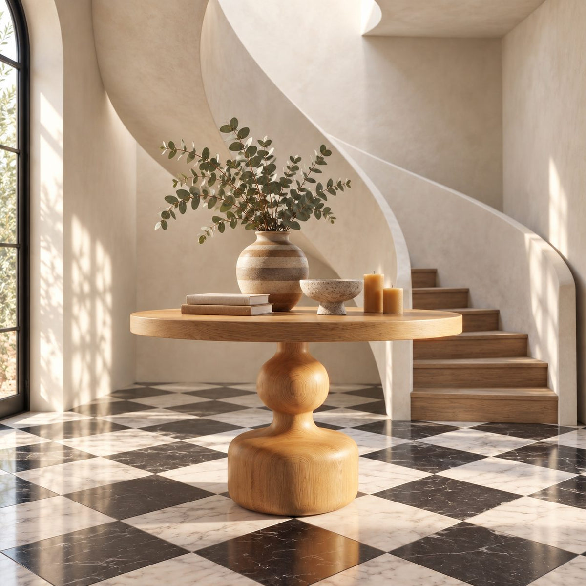 Round Center Hall Table with Turned Gourd Pedestal, Rustic Solid Wood Foyer Accent Table for Entry