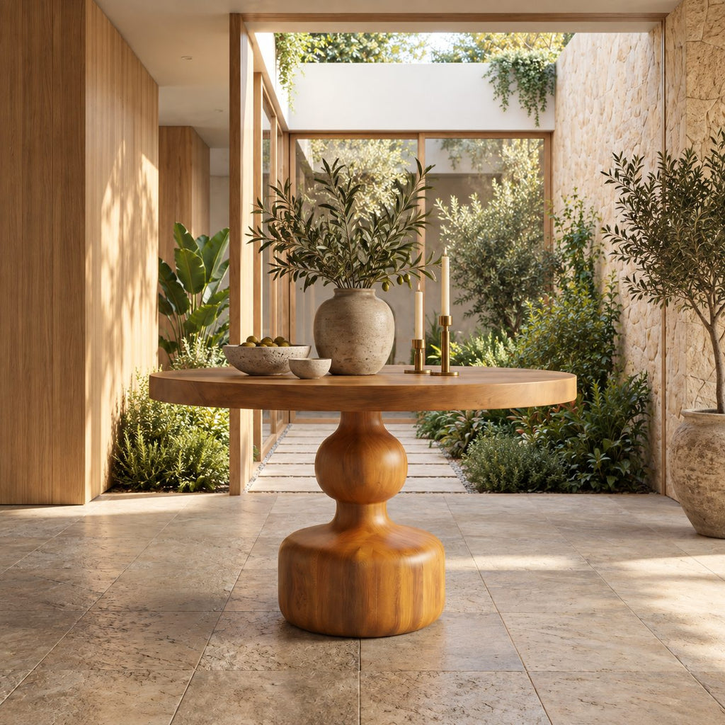 Round Center Hall Table with Turned Gourd Pedestal, Rustic Solid Wood Foyer Accent Table for Entry